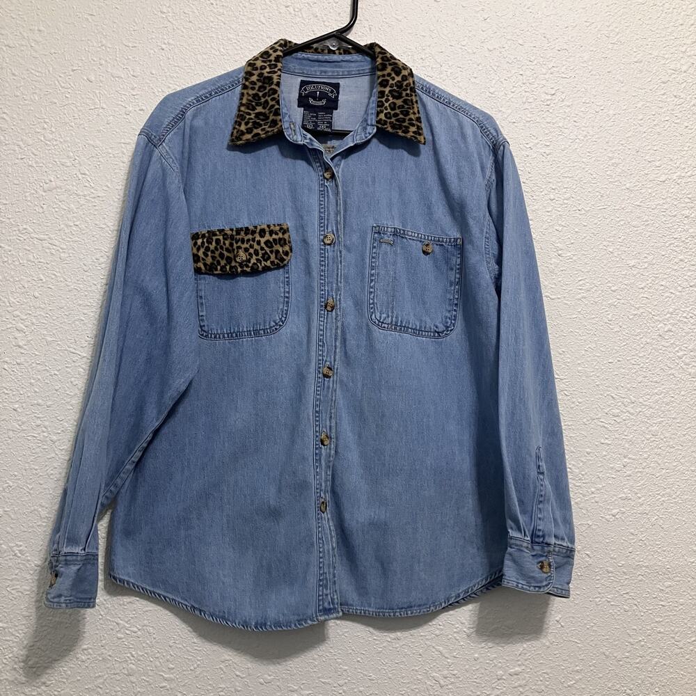 Vtg Solutions Womens Chambray Shirt Leopard Print Collar Pocket L/S 90s Sz L